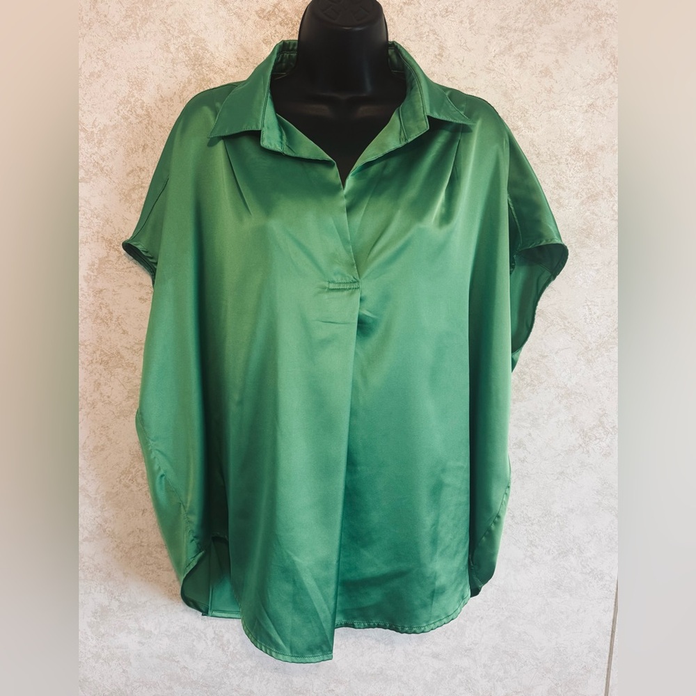 Hudson Gray Womens Oversized Pull Over Cap Sleeves Green Polyester Shiny Medium
